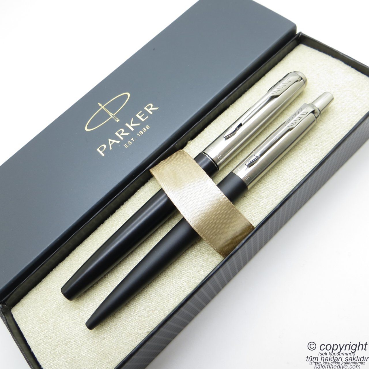 Parker Jotter Metal Siyah Dolma Kalem + Tükenmez Kalem Set | İsme Özel Kalem | Hediyelik Kalem