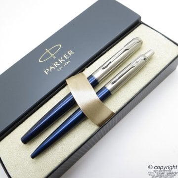 Parker Jotter Metal Mavi Dolma Kalem + Tükenmez Kalem Set | İsme Özel Kalem | Hediyelik Kalem