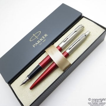Parker Jotter Metal Kırmızı Dolma Kalem + Tükenmez Kalem Set | İsme Özel Kalem | Hediyelik Kalem