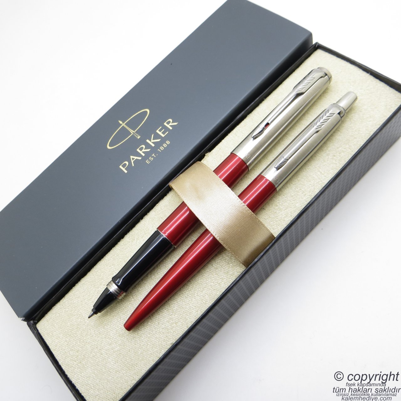 Parker Jotter Metal Kırmızı Roller Kalem + Tükenmez Kalem Set | İsme Özel Kalem | Hediyelik Kalem