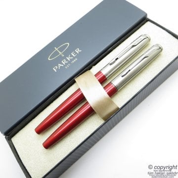 Parker Jotter Metal Kırmızı Dolma Kalem + Roller Kalem Set | İsme Özel Kalem | Hediyelik Kalem