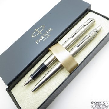 Parker Jotter Metal SS CT Dolma Kalem + Tükenmez Kalem Set | İsme Özel Kalem | Hediyelik Kalem