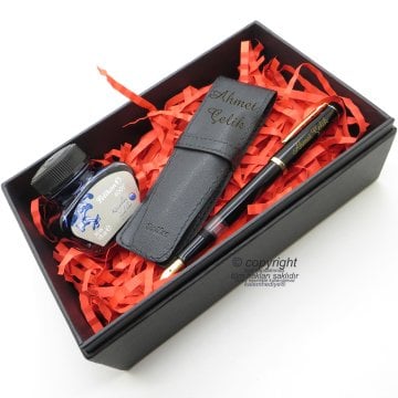 Scrikss İkili Kalem Kılıfı + 419 Siyah Altın Dolma Kalem + Pelikan Mürekkep Hediyelik Set - SVG201