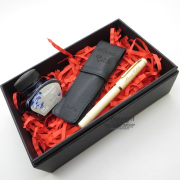 Scrikss İkili Kalem Kılıfı + 419 Krem Altın Dolma Kalem + Pelikan Mürekkep Hediyelik Set - SVG208