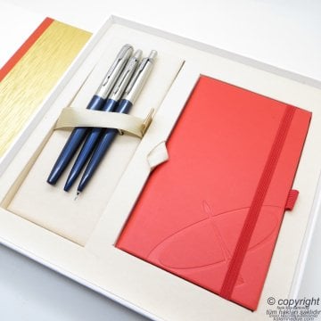 Parker Jotter Metal Mavi İsme Özel Multi Set - Defterli Büyük Kutusunda - Dolma Kalem + Tükenmez Kalem + 05 Versatil Kalem | Hediyelik Kalem
