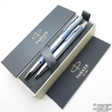 Parker Im SE Poral Mavi Gri CT Roller Kalem + Tükenmez Kalem Set | Parker Kalem | İsme Özel Kalem | Hediyelik Kalem