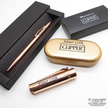 İsme Özel Clipper Parlak Rose Gold Jumbo Metal & Kutulu Çakmak + İsme Özel Kalem