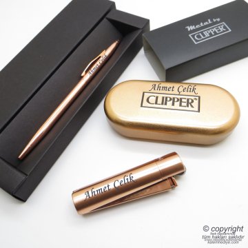 İsme Özel Clipper Mat Rose Gold Jumbo Metal & Kutulu Çakmak + İsme Özel Kalem