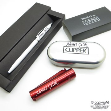 İsme Özel Clipper Kırmızı Jumbo Metal & Kutulu Çakmak + İsme Özel Kalem