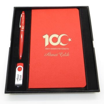 Yüzüncü Yıl (100. Yıl) Özel Set - Kalem + Defter Usb Bellek Set - İsme Özel