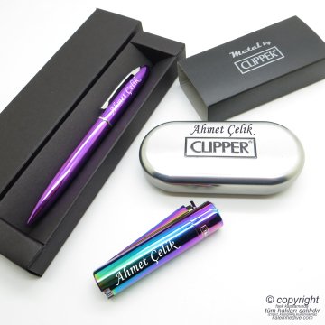 İsme Özel Clipper Parlak Gökkuşağı Metal & Kutulu Çakmak + İsme Özel Kalem