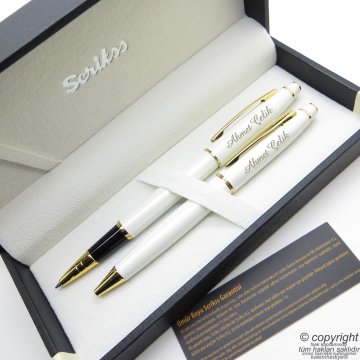 Scrikss 35 Beyaz Altın Roller Kalem + Tükenmez Kalem Seti | İsme Özel Kalem Takımı