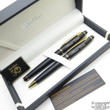 Scrikss 35 Mat Siyah Altın Dolma Kalem + Tükenmez Kalem Set | Scrikss Kalem | İsme Özel Kalem | Hediyelik Kalem