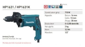 Makita HP1631 Darbeli Matkap