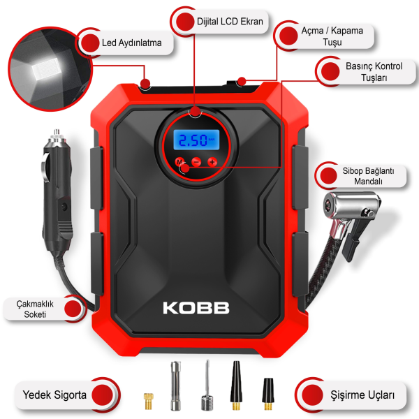 KOBB KB200 12Volt 150 PSI Ayarlanabilir Dijital Basınç Göstergeli Hava Lastik Şişirme Pompası