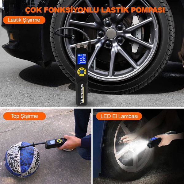 Michelin MC33382 Şarjlı Li-ion 150 PSI Taşınabilir Dijital Basınç Göstergeli Led Aydınlatmalı Lastik Şişirme Pompası