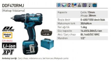 Makita DDF470RMJ Akülü Matkap Vidalama