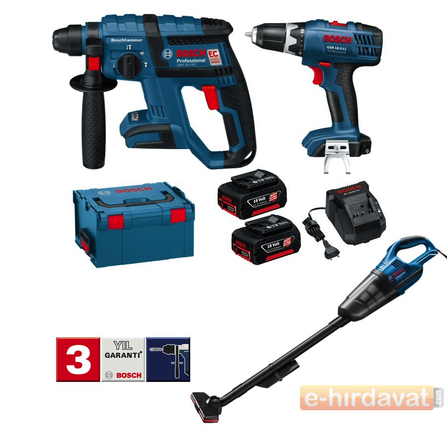 Bosch GBH 18 V-EC Darbeli Kırıcı Delici + GSR 18-2 LI Vidalama + GAS 18 Süpürge