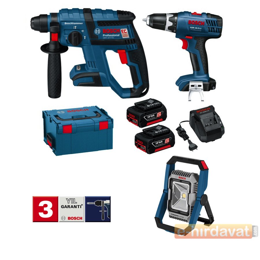 Bosch GBH 18 V-EC Darbeli Kırıcı Delici + GSR 18-2 LI Vidalama + GLI 18 Fener