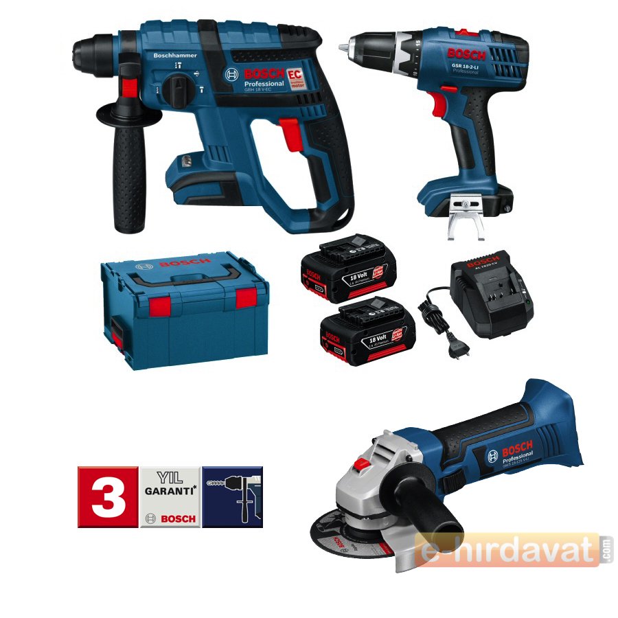 Bosch GBH 18 V-EC Darbeli Kırıcı Delici + GSR 18-2 LI Vidalama + GWS 18 Taşlama