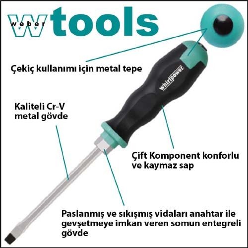 Weber Tools Düz Uçlu Tornavida 6.5 x 100 Mm Somunlu Gövde ve Metal Tepeli