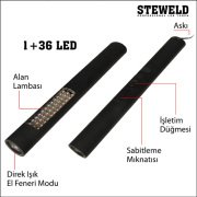 STEWELD 568B Çift Fonksiyonlu Çalışma Işığı ve El feneri 37 LED