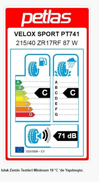 215/40R17 TL 87W REINF. VELOX SPORT PT741 PETLAS