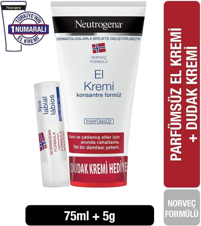 Neutrogena Parfümsüz El Kremi 75 ml + Dudak Kremi Hediye