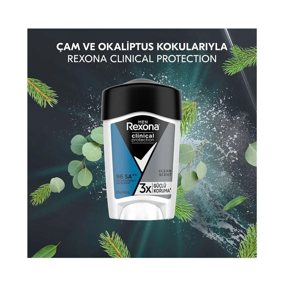 Rexona Men Clinical Protection Erkek Stick Deodorant Clean Scent 3x Güçlü Koruma 45 ml
