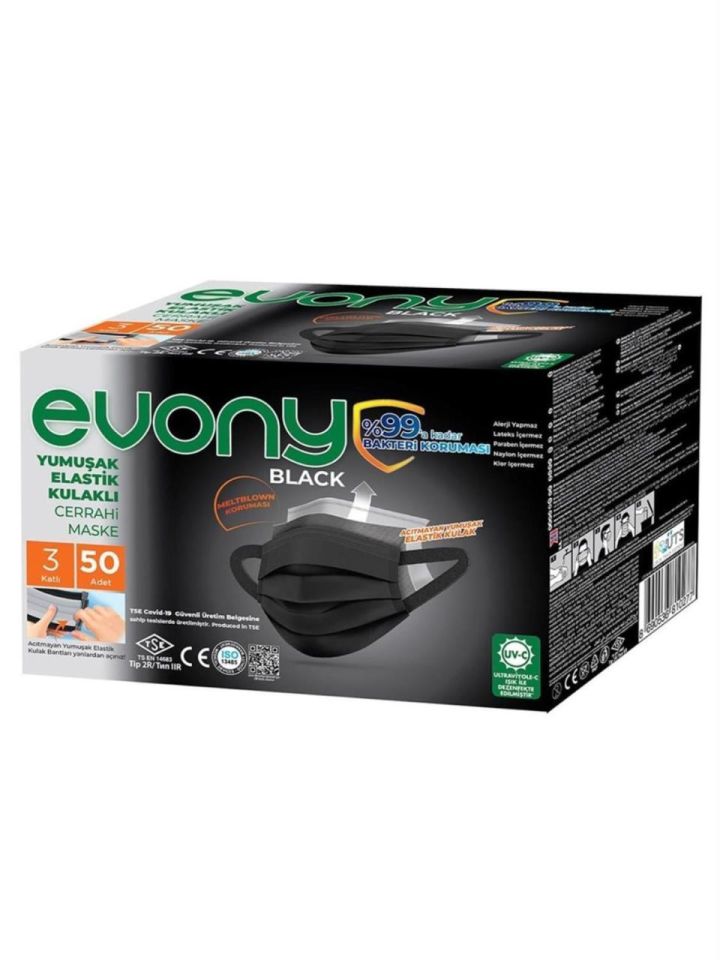 Evony Yumuşak Elastik Kulaklı Siyah Maske 50'li
