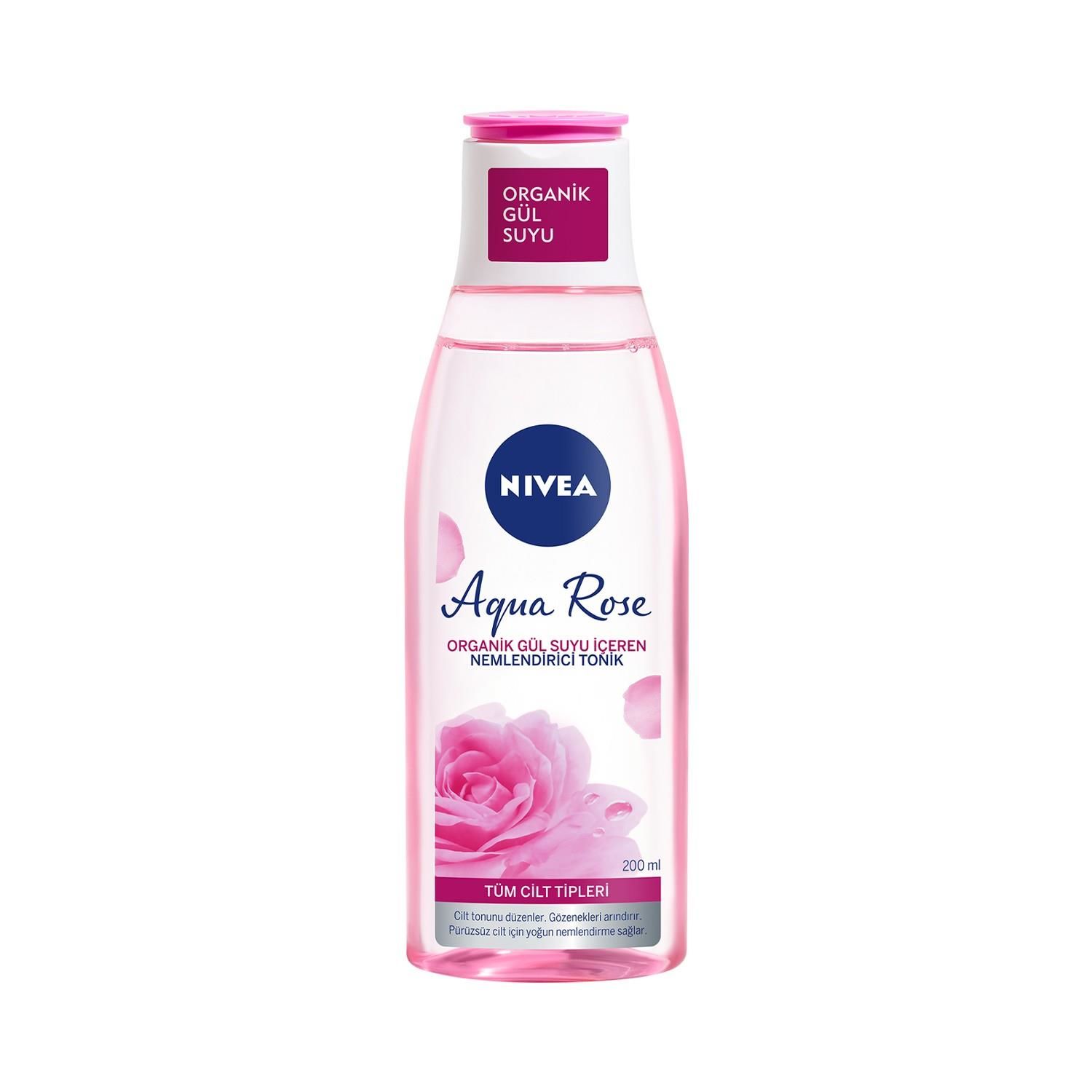 Nivea Aqua Rose Organik Gül Suyu İçeren Nemlendirici Tonik (200ml), Tüm cilt tipleri için, Gözenek Arındırıcı, 24 Saat Yüz Nemlendirici
