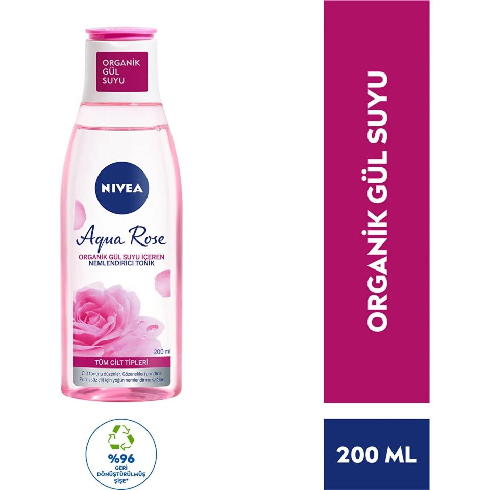 Nivea Aqua Rose Organik Gül Suyu İçeren Nemlendirici Tonik (200ml), Tüm cilt tipleri için, Gözenek Arındırıcı, 24 Saat Yüz Nemlendirici