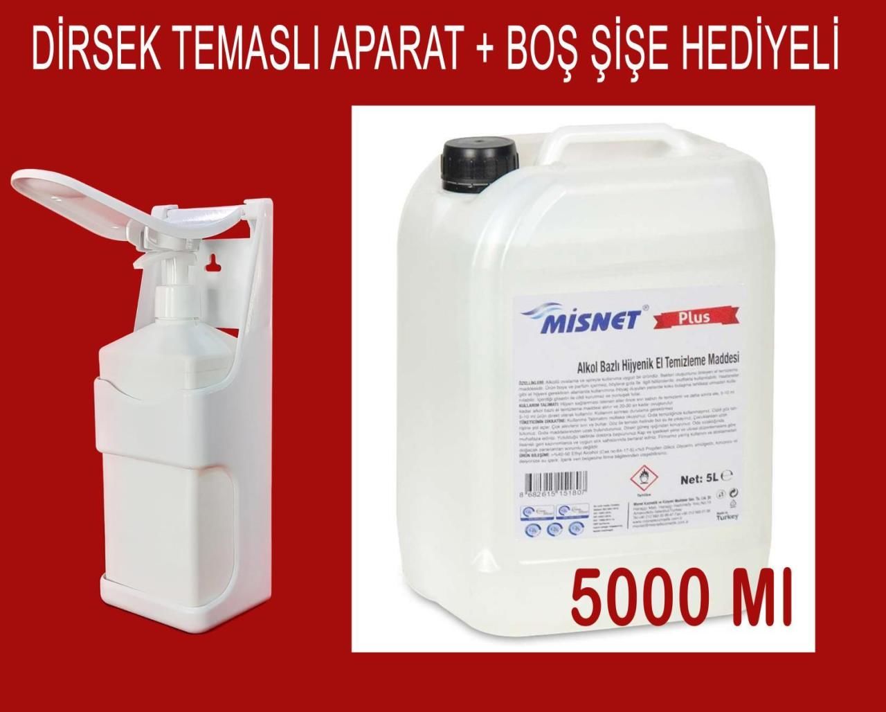 Misnet 5 lt Alkol Bazlı 70 Derece El Dezenfektanı + Dirsek Temaslı Aparatı + 1 Lt Boş Şişe
