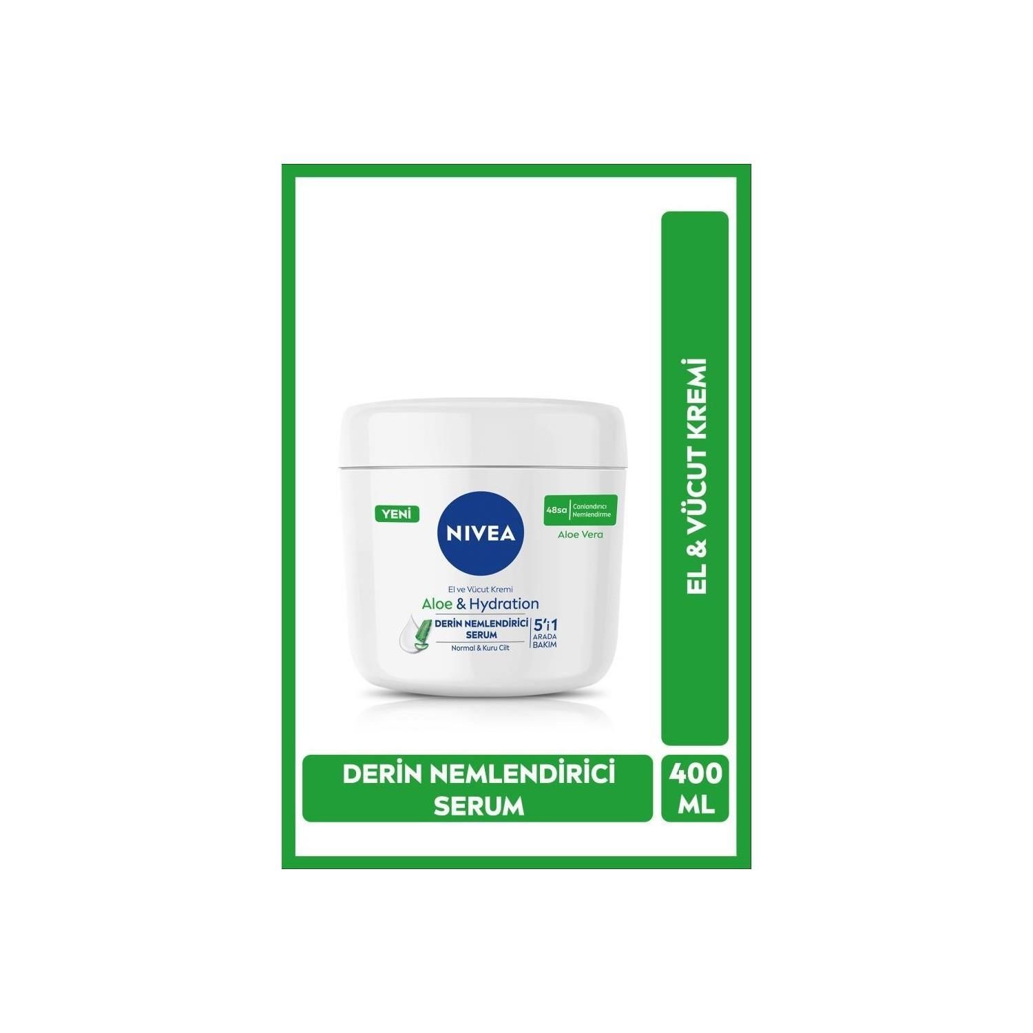 Nivea Aloe Vera El ve Vücut Kremi 400ml, Derin Nemlendirici Serum, 5i1 Arada Vücut Bakım, Normal ve Kuru Ciltler için 48 Saat Derinlemesine Nemlendirme