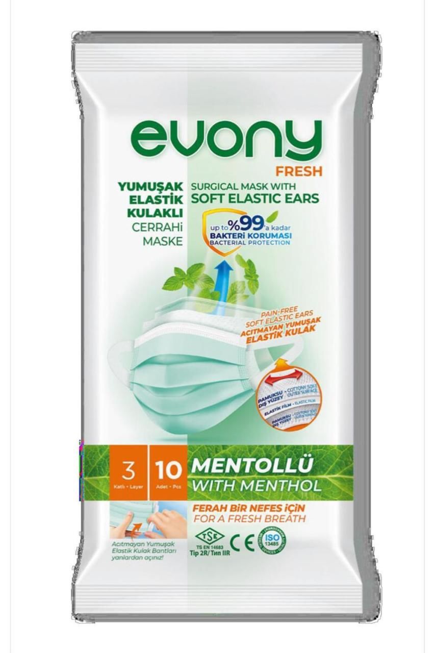 Evony Cerrahi Maske Yumuşak Elastik Kulaklı Fresh Mentollü 10 Adet