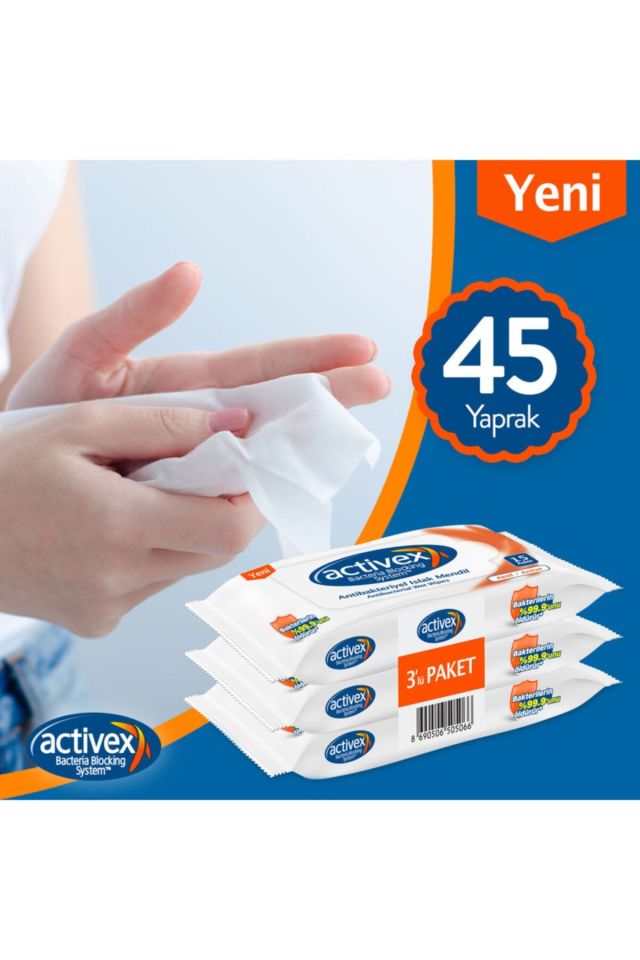 Activex Antibakteriyel Islak Mendil Aktif 15 Adet X 3 LÜ 45 Yaprak