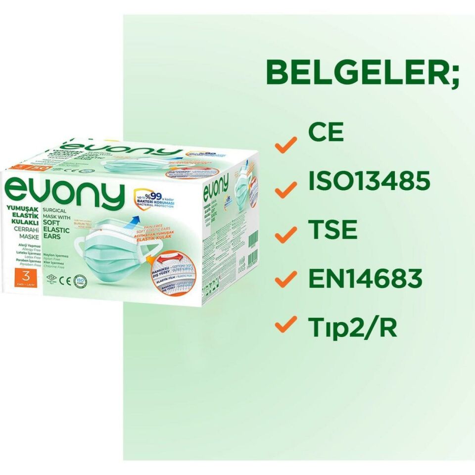Evony Cerrahi Maske Yumuşak Elastik Kulaklı 50 Adet