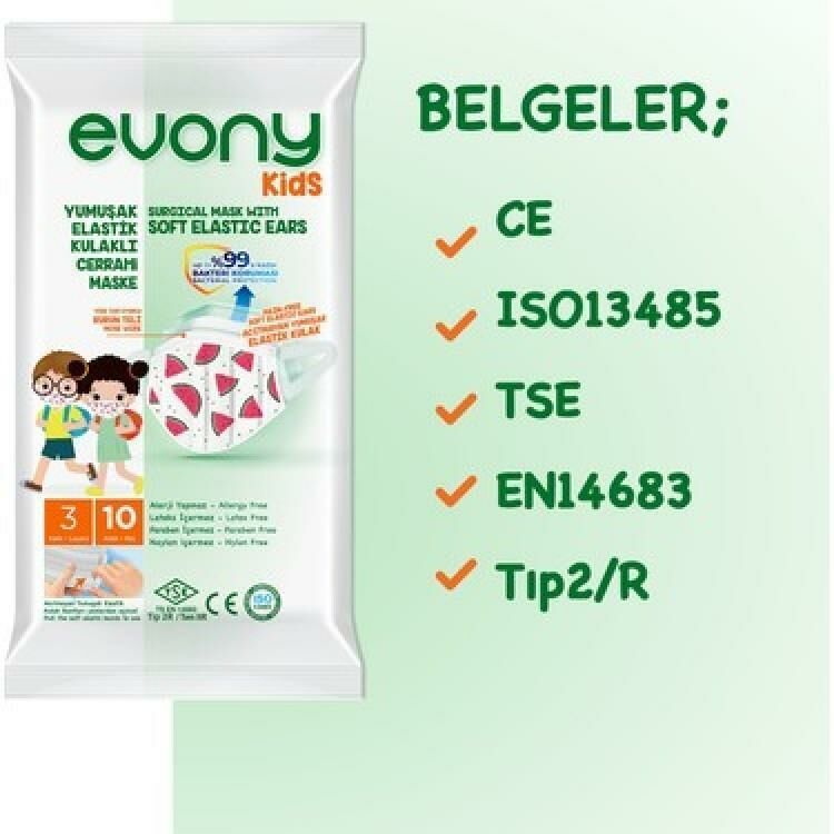 Evony Cerrahi Maske Çocuk Yumuşak Elastik Kulaklı KIDS 10 Adet