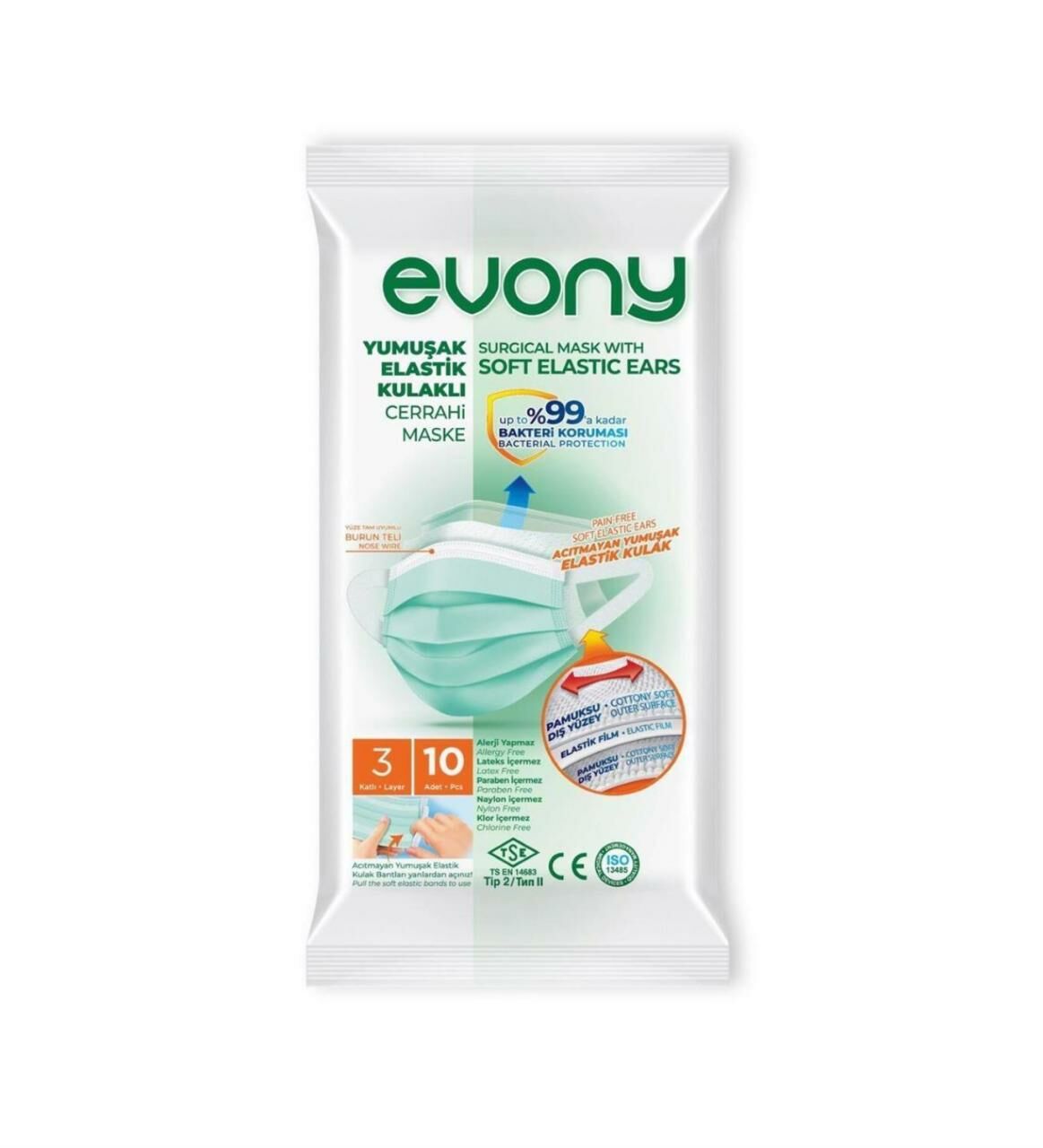 Evony Cerrahi Maske Yumuşak Elastik Kulaklı 10 Adet