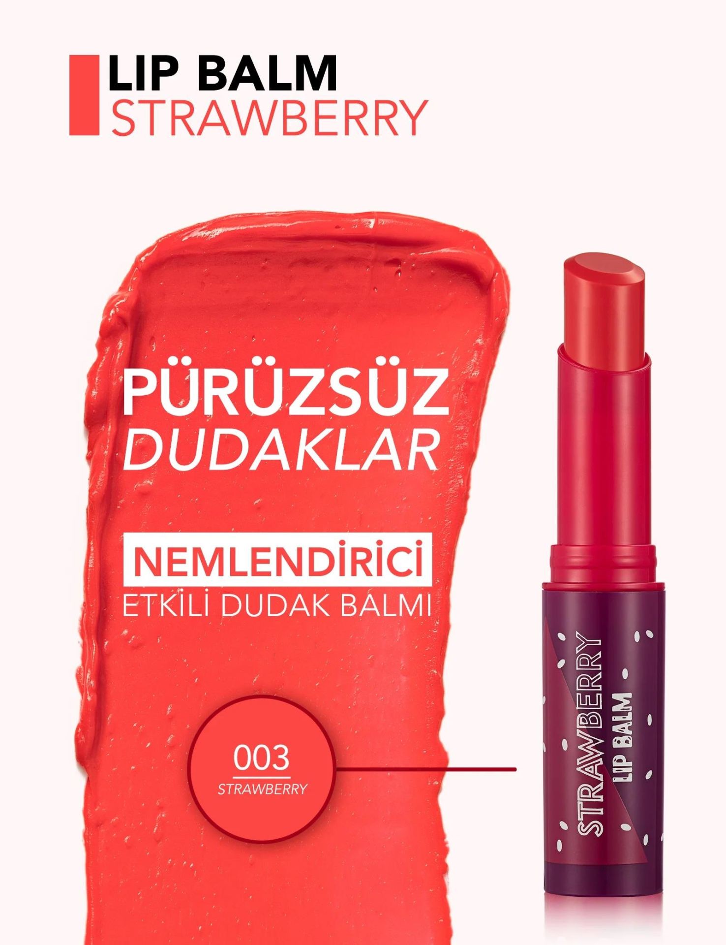 Flormar Shea ve Kakao Yağı İçeren Stik Renkli Dudak Nemlendiricisi - Lip Balm -003 STRAWBERRY-8690604555383