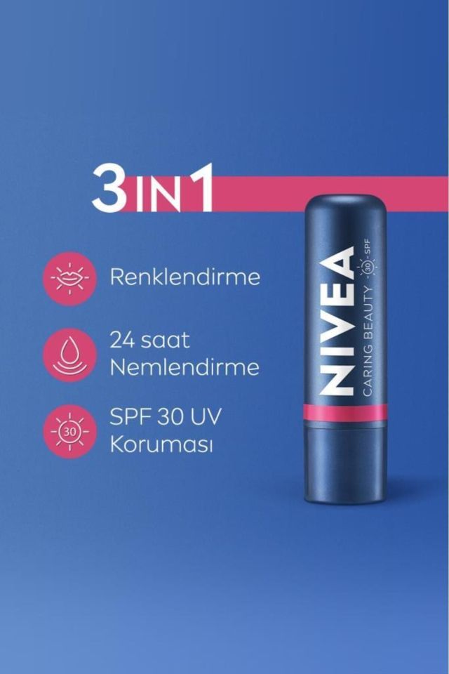 Nivea Lip Balm Bakımlı ve Renkli Dudak Balmı Pembe 4,8Gr Pink Nemlendırme,Spf30,Doğal Yağlar,E Vitamini,Dudak Ve Yanaklar Için