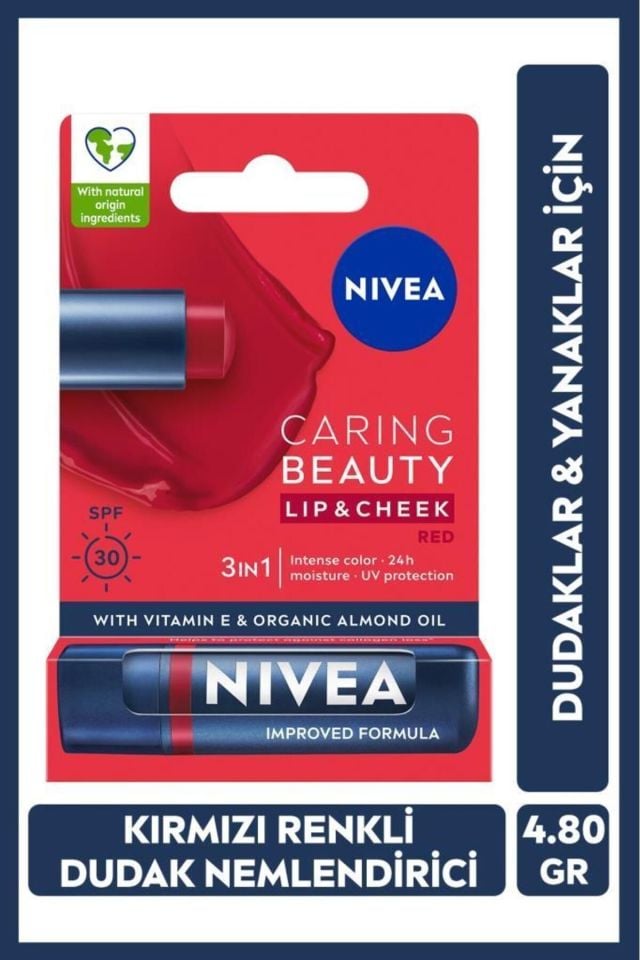 Nivea Lip Balm Bakımlı ve Renkli Dudak Balmı Kırmızı 4,8Gr Red Nemlendırme,Spf30,Doğal Yağlar,E Vitamini,Dudak Ve Yanaklar Için