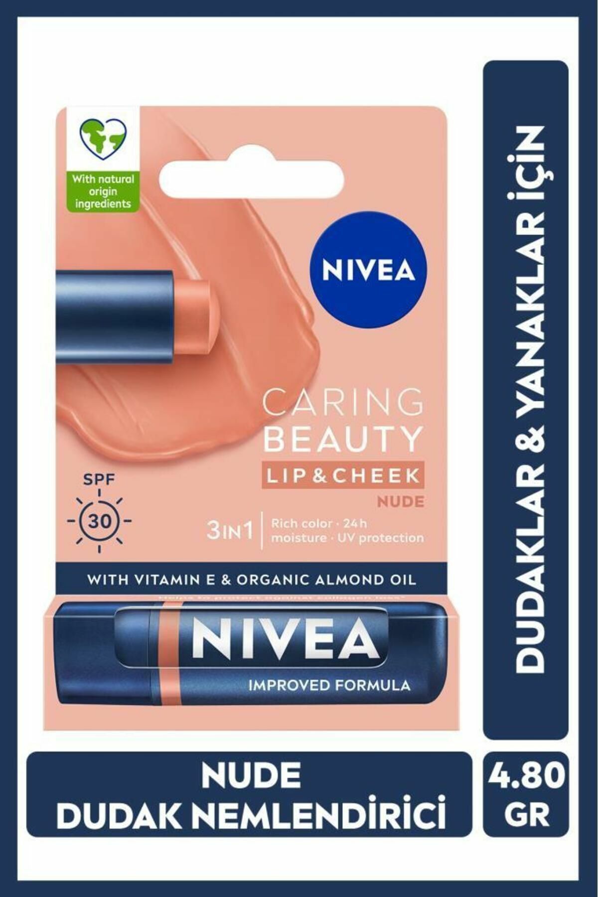 Nivea Lip Balm Bakımlı ve Renkli Dudak Balmı Nude 4,8Gr Spf30,Doğal Yağlar,E Vitamini,Dudak Ve Yanaklar Için