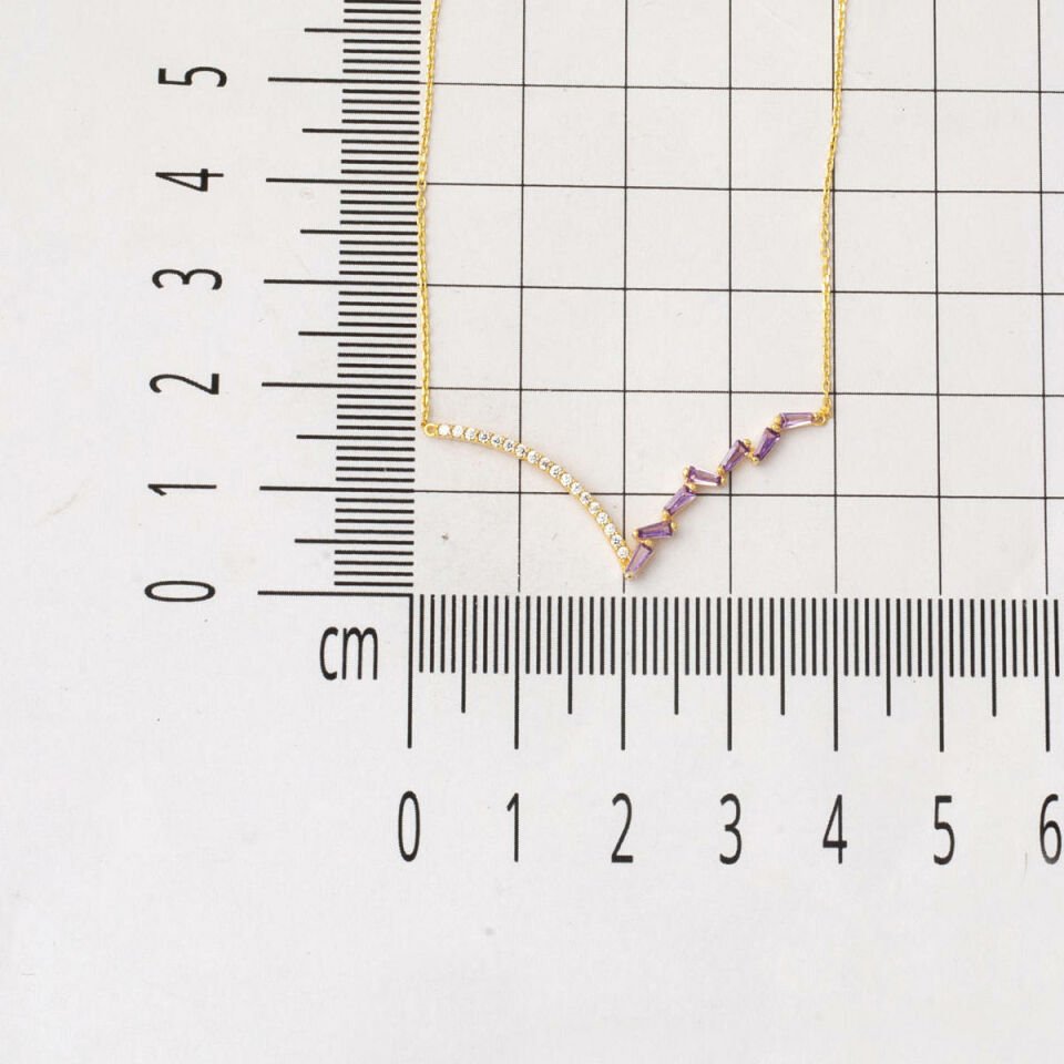 14 Ayar Mor Taşlı V Tarzı Altın Kolye