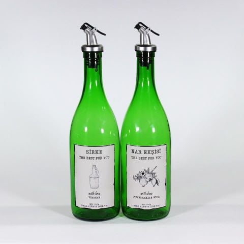 2'li Yağdanlık Sosluk Sirkelik Seti Özel Akıtıcılı Çimen Yeşili Sirke, Nar Ekşisi Etiketli 2x750 ml Avantaj Paketi