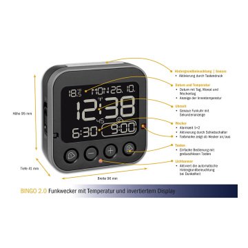 Dijital radyo-kontrollü alarm saat sıcaklık göstergeli BINGO 2.0 60.2552.01