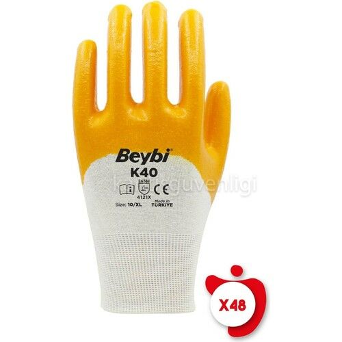 Beybi K40 Sarı Nitril Kaplı Pamuk ve Polyester Örgü Iş Eldiveni 10 Beden 48 Çift