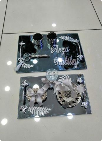 Süslü yaprak desenli söz,nişan,yüzük tepsisi