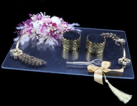 Süslü Yapraklı ŞEFFAF Dikdörtgen Damat / Yüzük Tepsisi