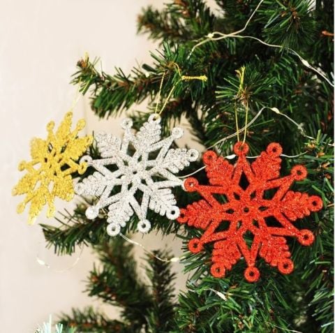 3 Lü Yılbaşı Ağaç Süsü Simli Kar Tanesi